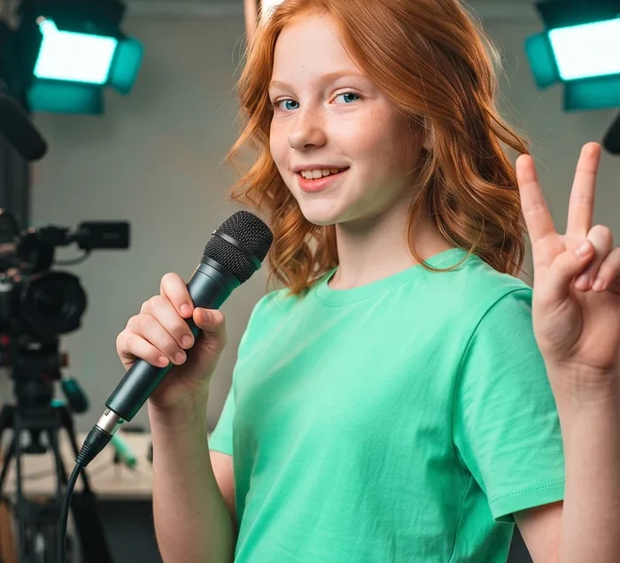 Ученица студии с микрофоном